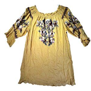 Yellow Boho Tunic Dress Floral Embroidery 3/4 Sleeves XL Hippie Smocked Gauzy